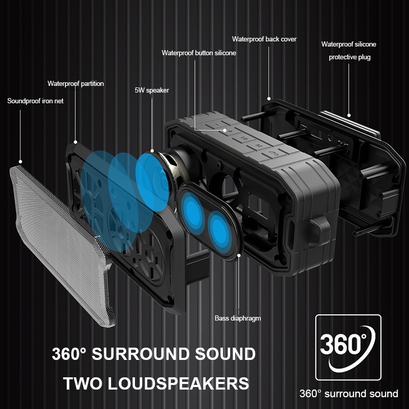 Loa Bluetooth 5.0 cộng hưởng âm nổi ngoài trời chống nước IPX7 thời lượng pin siêu khủng