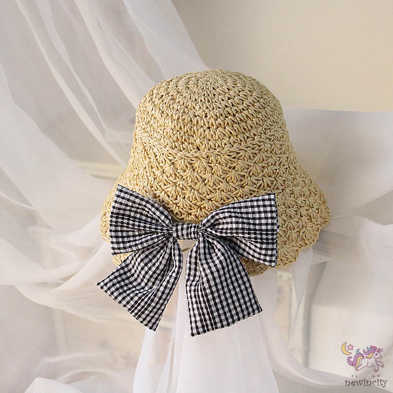 Mũ Cói Thắt Nơ Kẻ Sọc Caro Đáng Yêu Cho Bé Gái