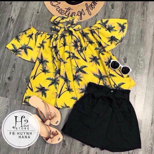 Set áo trệt vai kèm dây nơ