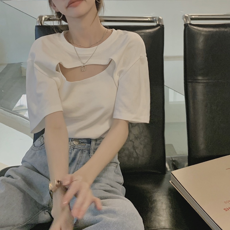 QADCOL Áo Thun Tay Ngắn Thiết Kế Lỗ Rỗng Cao Cấp Thời Trang