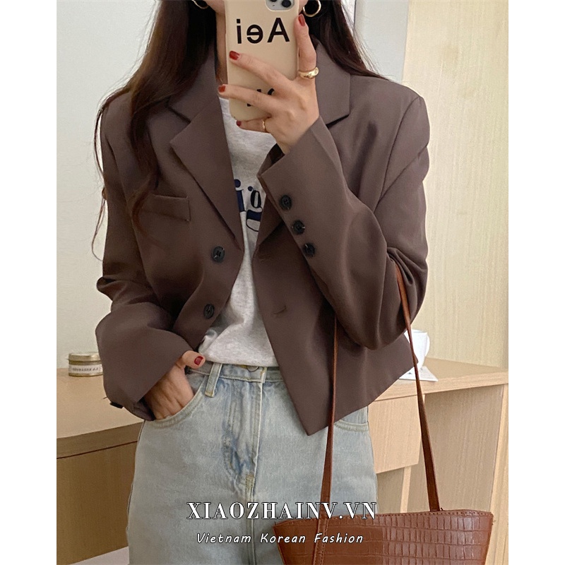 Xiaozhainv Áo khoác blazer tay dài cổ chữ V phong cách Hàn Quốc thời trang cho nữ