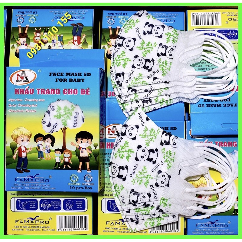 ✅ Hộp 10 cái khẩu trang cho bé 5D mask Famapro Nam Anh hình gấu trúc