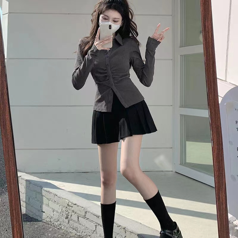 Áo Sơ Mi Tay Dài + Chân Váy Xếp Ly Thời Trang Hàn Quốc Cho Nữ