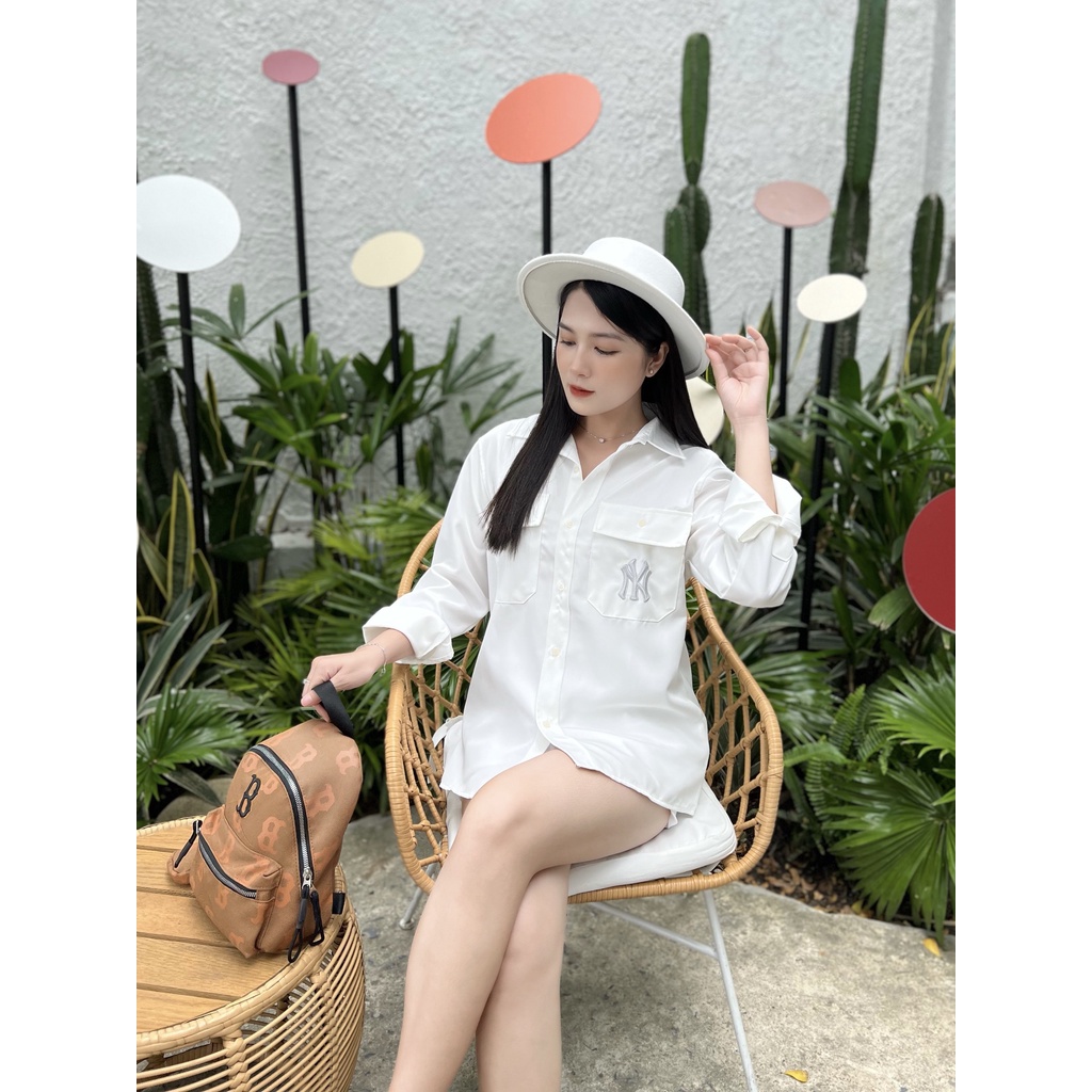 Áo Sơ Mi Tay Dài Thêu Hoạ Tiết MLB Phong Cách Thời Trang Đường Phố form oversize
