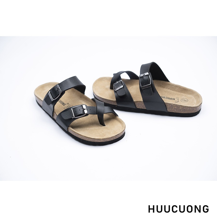 Dép unisex HuuCuong -xỏ ngón pu đen đế trấu handmade