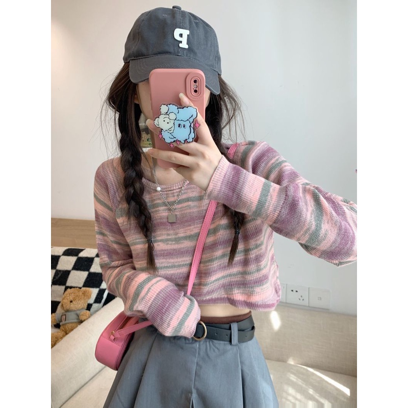 Jiashucheng Áo Thun Dệt Kim Dáng Rộng Eo Cao Kẻ Sọc Màu Gradient Kiểu Mỹ Xinh Xắn Cho Bạn Gái