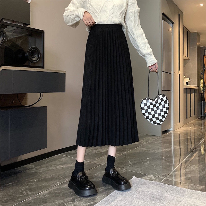 Chân váy chữ A xếp ly lưng cao thời trang thu đông Hàn Quốc mới 2021