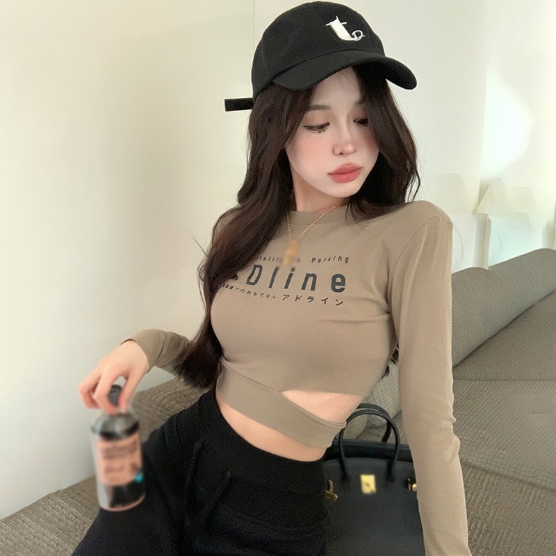 Áo Croptop Tay Dài Cổ Tròn In Chữ Phong Cách Hàn Quốc Quyến Rũ Cho Nữ