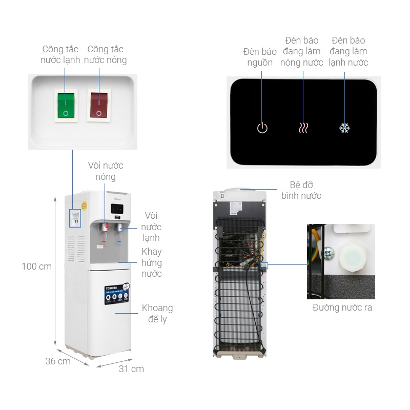 Cây nước nóng lạnh Toshiba RWF-W1664TV(W1) bình gắn trên ngăn chứa ly 20L - Hàng chính hãng