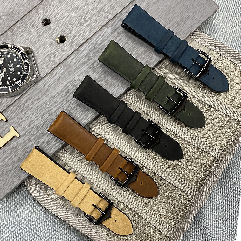 Dây Da + Silicon Chất Lượng Cao Có Khóa Cài Màu Đen 20mm 22mm Cho Đồng Hồ