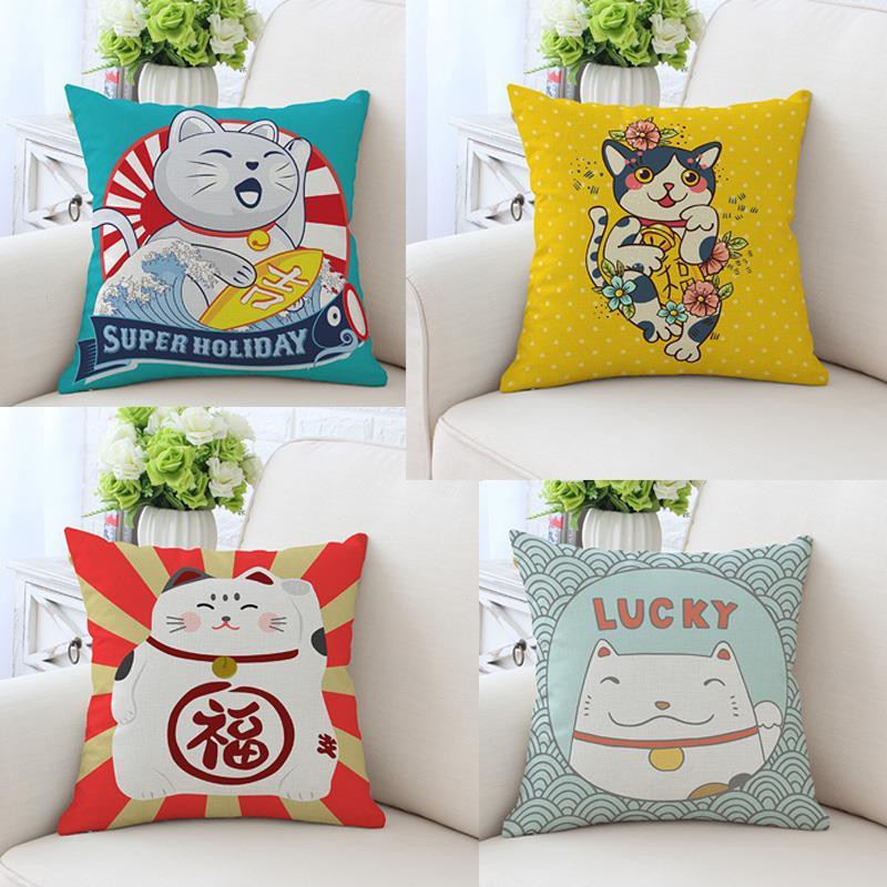 Vỏ Gối Sofa In Hình Mèo May Mắn Phong Cách Nhật Bản