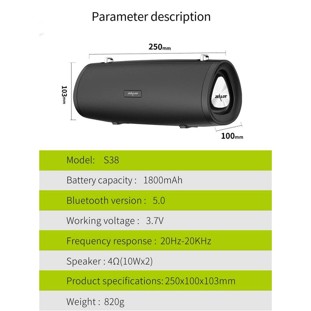 Loa Bluetooth ZEALOT S38 Âm Thanh Siêu Trầm Chống Nước Và Phụ Kiện