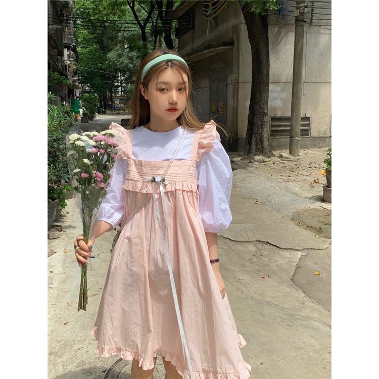 Váy tay phồng màu xanh SEOUL Đây là một nàng công chúa ~ Hàn Quốc ngọt ngào, phong cách phương Tây, thiết kế kiểu Pháp
