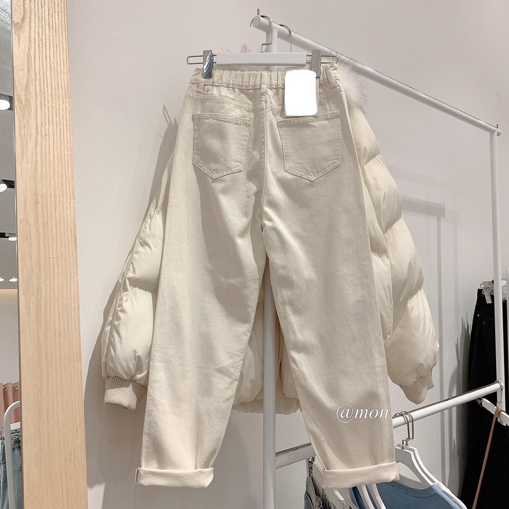 2101353 Quần baggy jeans nữ ulzzang ống vừa dáng đứng phối chun sau 2 màu xanh, be có size | BigBuy360 - bigbuy360.vn