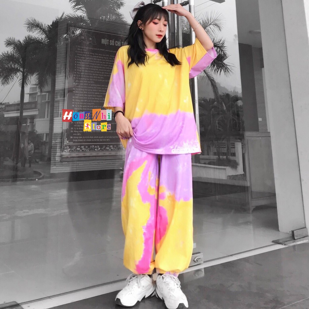 Set Bộ Áo Thun Tay Lỡ Loang Màu Tie Tee Phối Quần Jogger 3D Ulzzang Unisex Dáng Rộng - MM