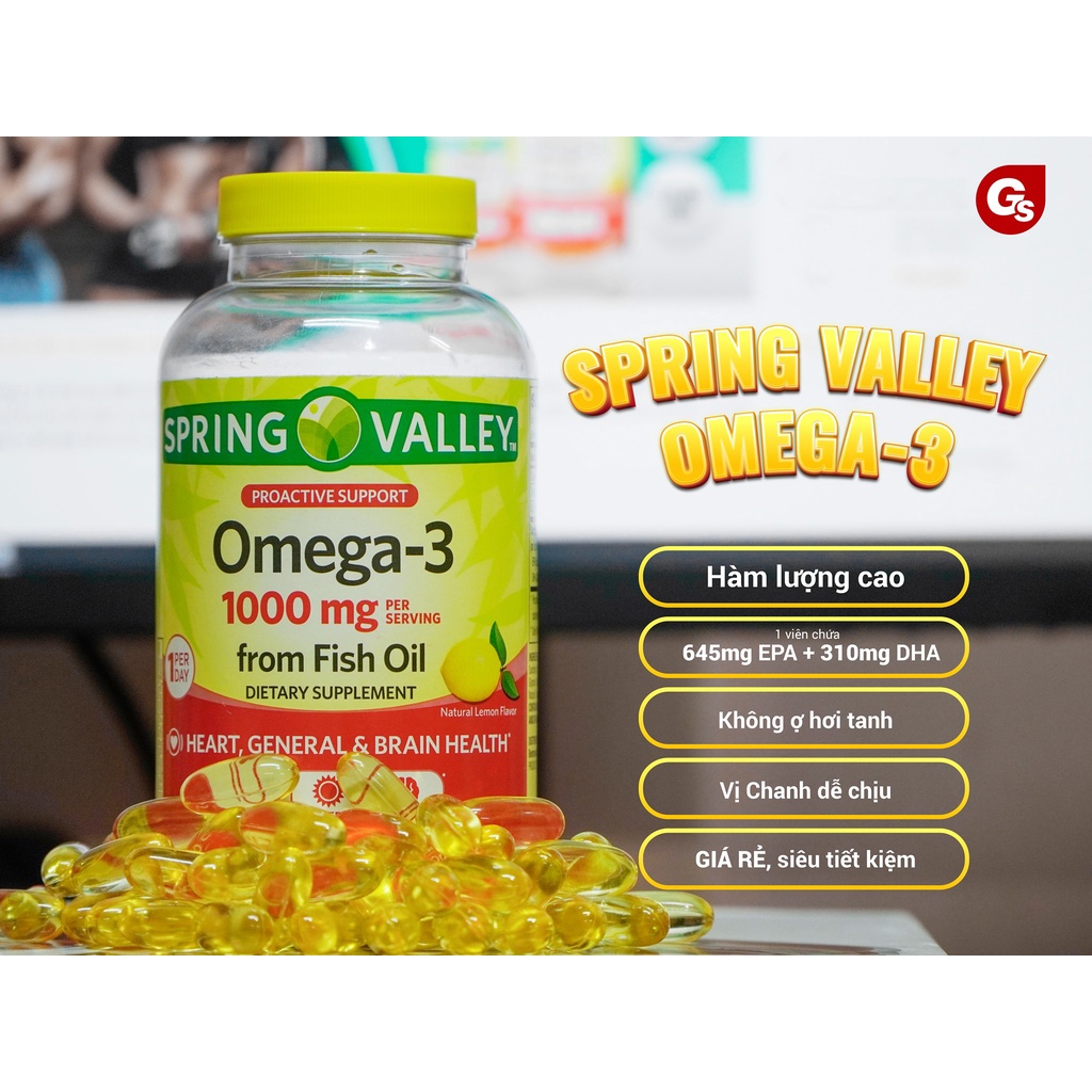 Dầu cá Omega 3 Spring Valley Fish Oil 1000mg nhập khẩu Mỹ phân phối chính hãng GymStore, hỗ trợ đẹp da, tốt cho trí não