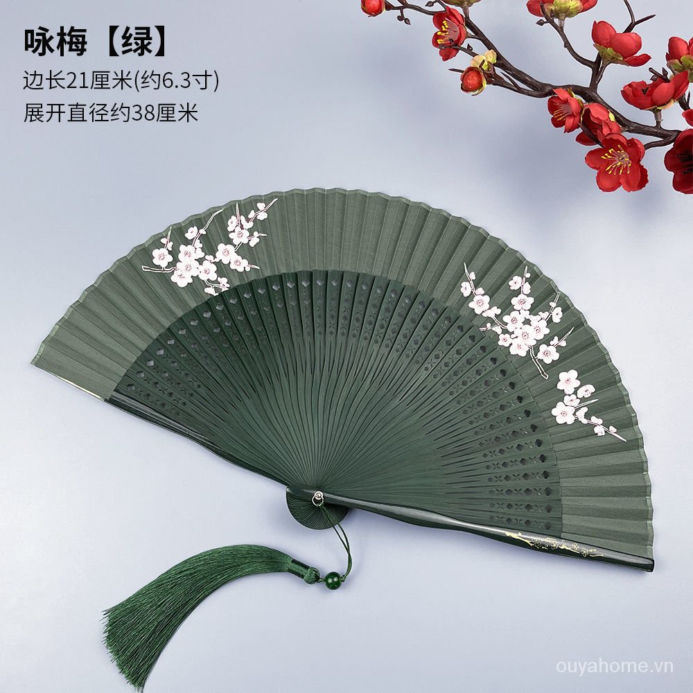 Quạt xếp cầm tay màu xanh lá phong cách Trung Hoa cổ điển cho nữ