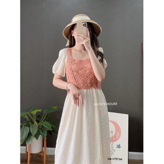Váy suông phối ngực ren, đầm xuông tay phồng form rộng freesize 3 màu mã V751 - Michi's House