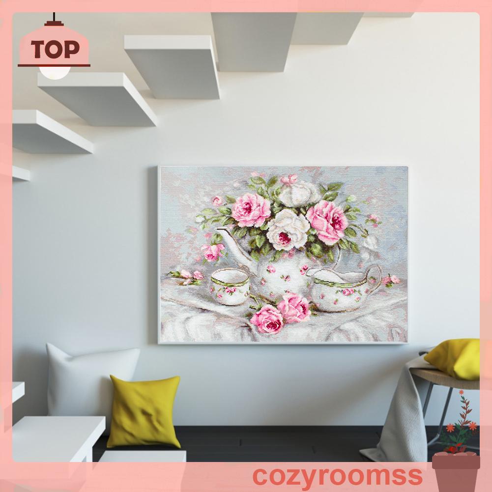 Tranh Thêu Chữ Thập Toàn Bộ 11CT DIY Hình Ấm Trà Và Hoa Hồng