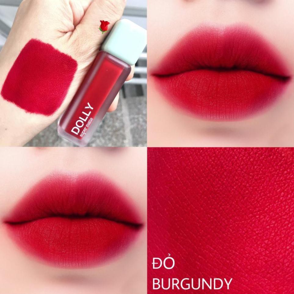 [03 Đỏ BURGUNDY] Son Kem Lì Dolly Super Matte Không Chì Màu Đỏ BURGUNDY Tách Sét