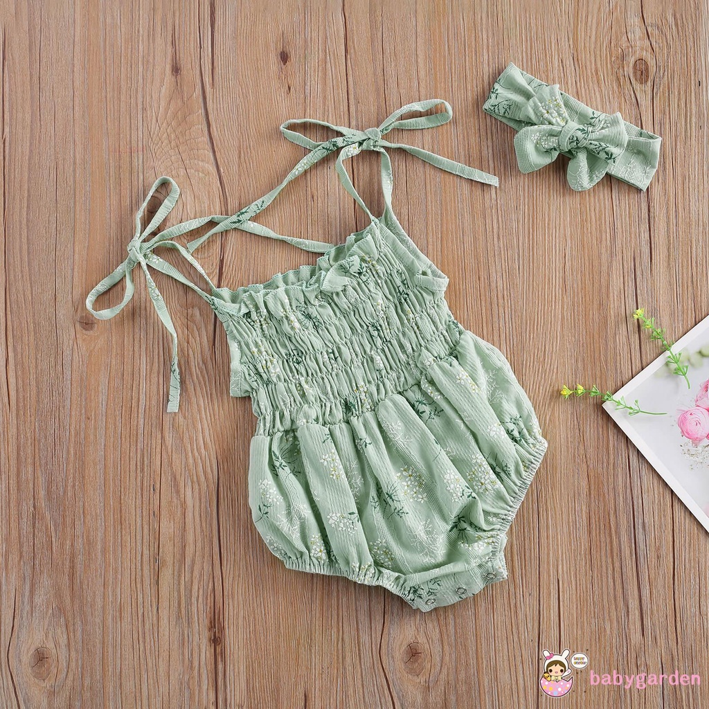 Áo liền quần in hoa + băng đô nơ cho bé gái