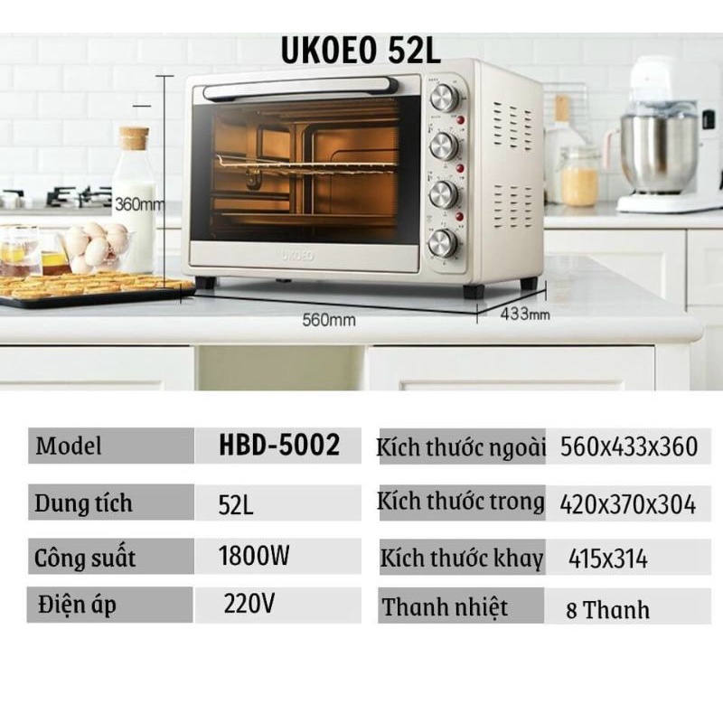 Lò nướng Ukeo 52l  - Bảo hành 18 tháng + tặng cục chuyển đổi 3 chấu.