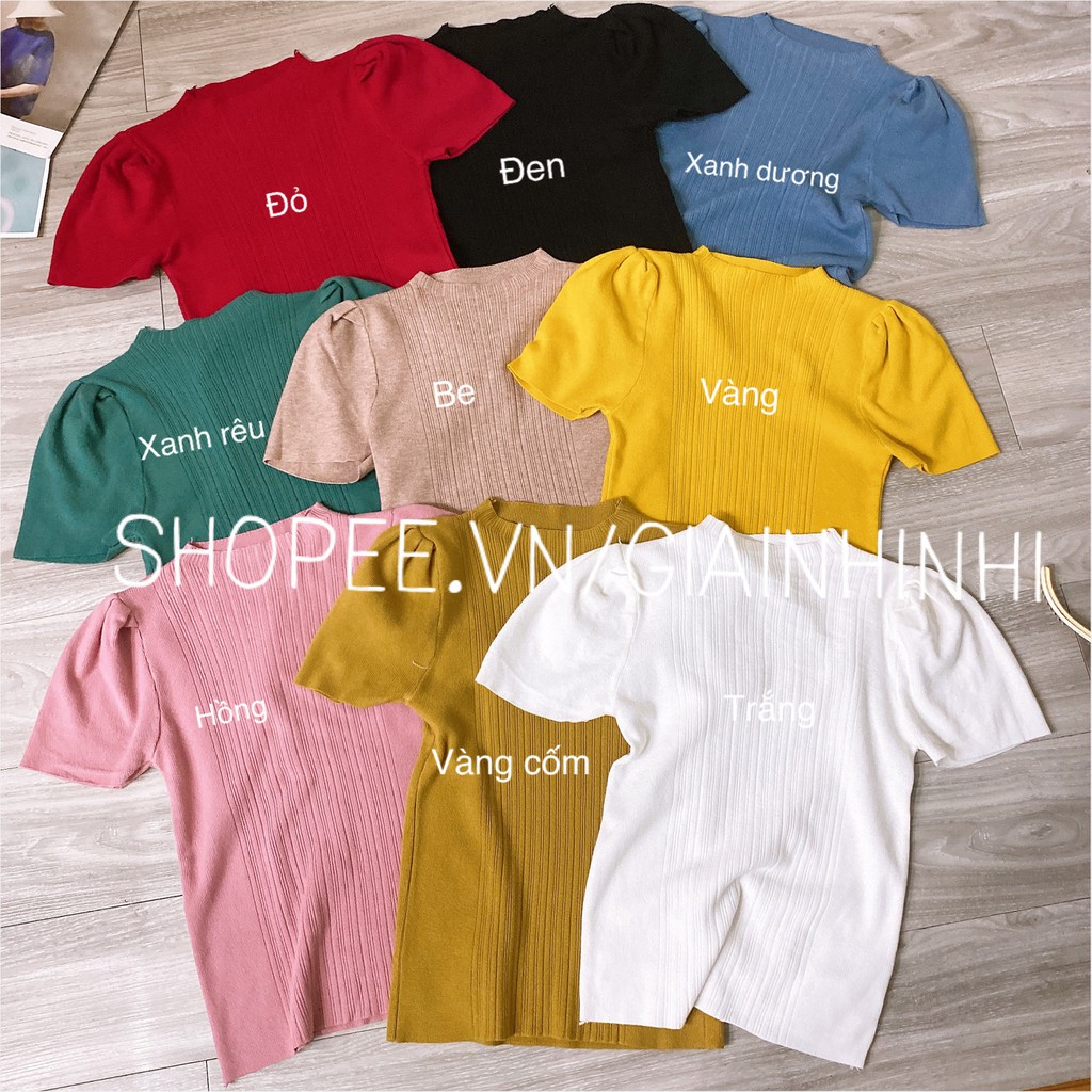 Áo len tay xòe sọc tăm giữa ngắn tay chất mềm co giãn, Áo len tay bồng cổ tròn AL7516 - NhiNhiShop