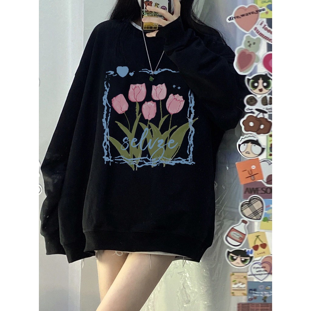 Áo sweater tay dài cổ tròn màu đen phong cách retro Mỹ dành cho nữ