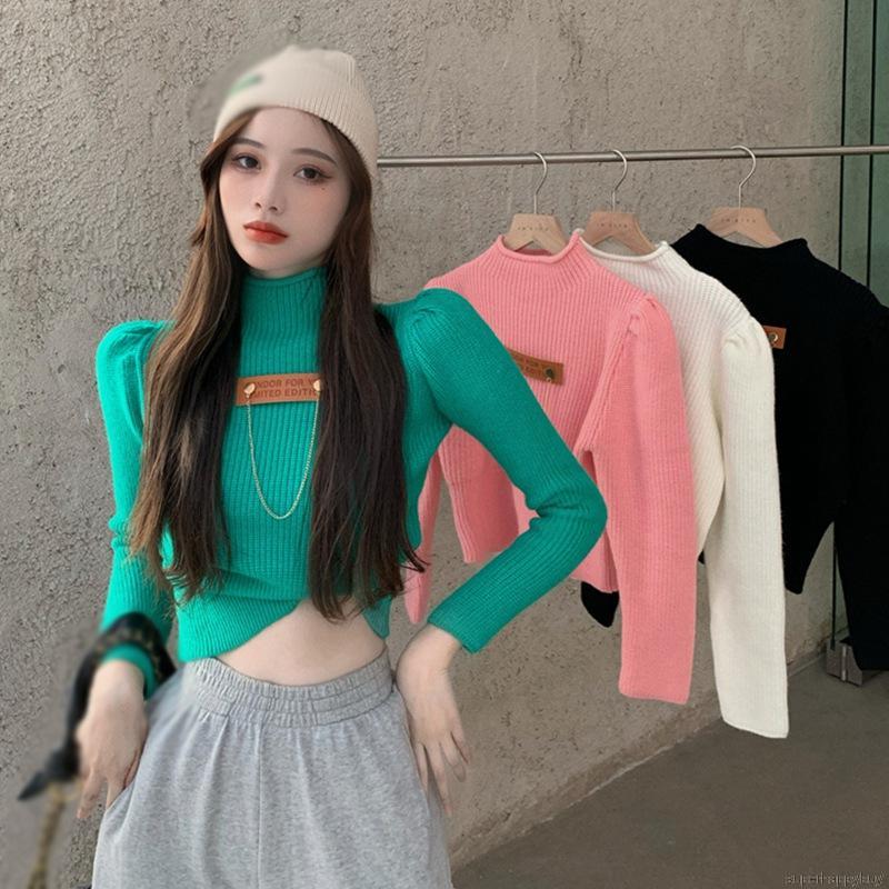 Áo Croptop Dệt Kim Tay Dài Thiết Kế Cổ Lọ Thanh Lịch