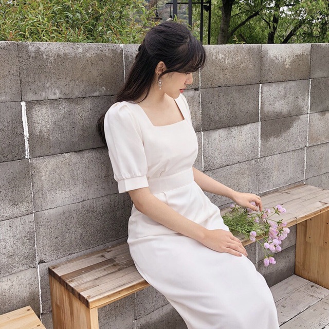 💥VÁY TRẮNG CỔ VUÔNG thắt nơ sau