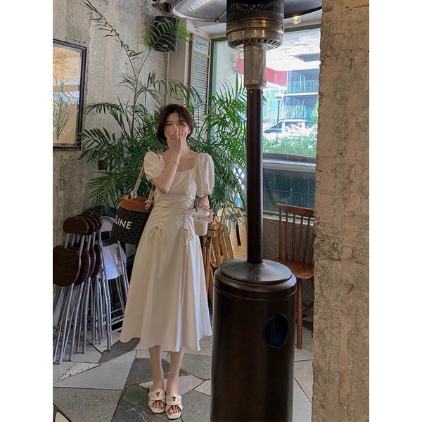 (ORDER.buiny) Váy MORAN tay phồng cổ vuông eo rút dây 2 bên xòe dài tiểu thư sang trọng kiểu Pháp | BigBuy360 - bigbuy360.vn