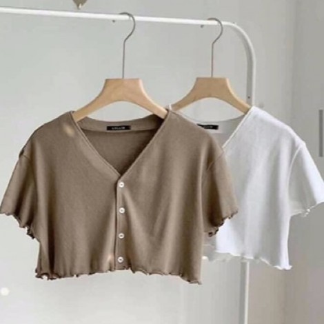 Áo croptop cổ tròn cộc tay cúc ngực vải thun tăm