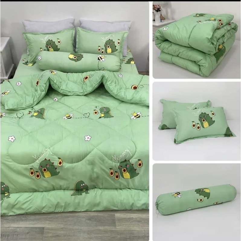 bộ chăn hè 5 món cotton poly ( mẫu khủng long xanh )