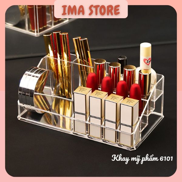 Khay đựng mỹ phẩm mica trong suốt 12 ô son có ngăn đựng nước hoa, đồ nail, phấn mắt sang trọng cao cấp