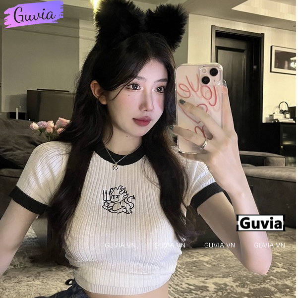 Áo Croptop Ôm Body Nữ DEVIL THÊU Cổ Tròn Tay Ngắn, Áo Thun Croptop Kiểu In Họa Tiết GUVIA CR93