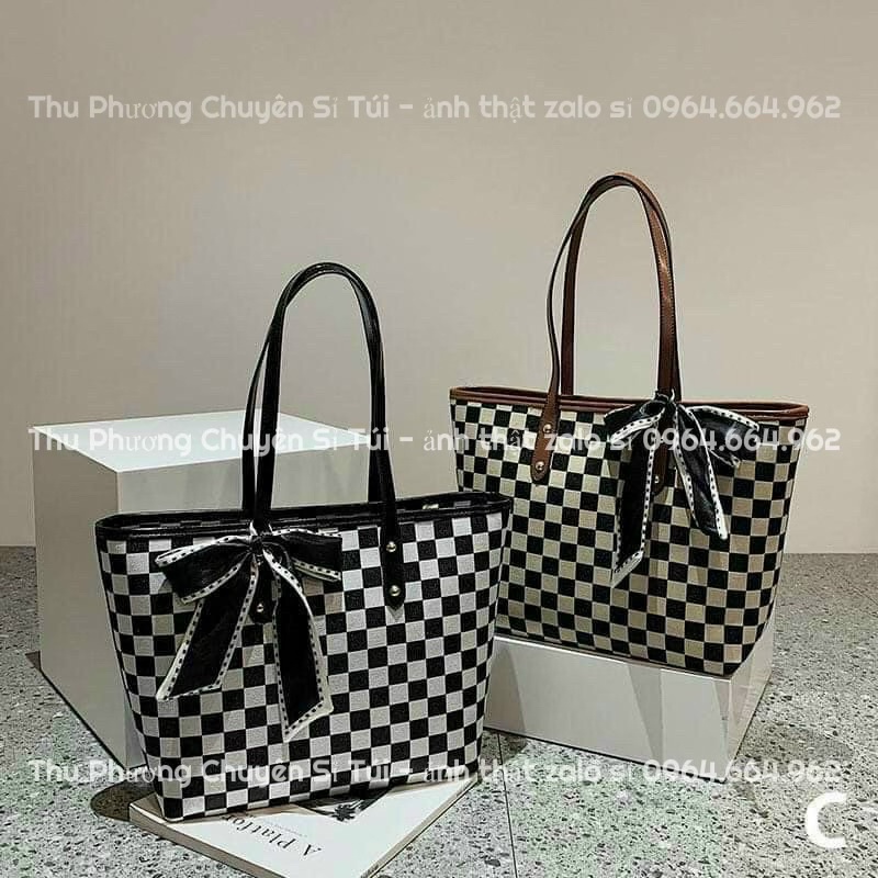 Túi Xách Nữ, Túi Công Sở Nơ Đi Chơi, Đi Làm Hoạ Tiết Kẻ Ô Size To Đựng Được Nhiều Đồ (tặng kèm khăn)