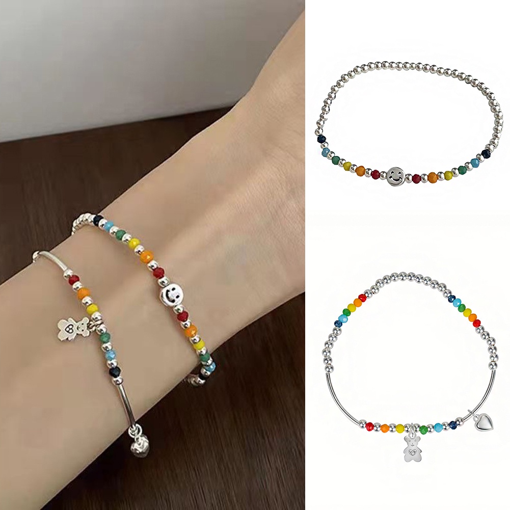 Vòng Tay Xỏ Hạt Màu Cầu Vồng Mặt Hình Gấu Cười Dễ Thương Thời Trang Cho Bạn Bè