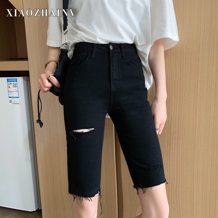 Xiaozhainv Quần đùi vải denim rách lưng cao cá tính dành cho phái đẹp | BigBuy360 - bigbuy360.vn
