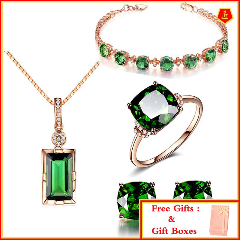 (Hàng Có Sẵn) Set Vòng Đeo Tay, Bông Tai Và Nhẫn Đính Ngọc Lục Bảo