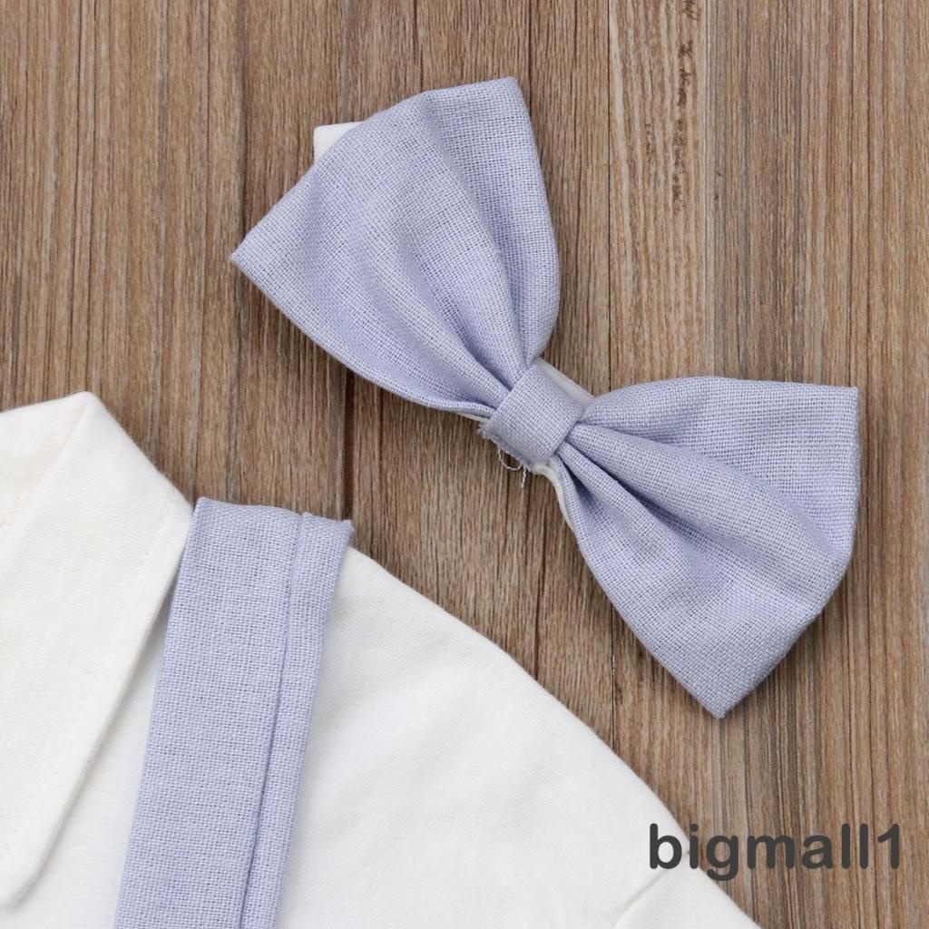 Set 2 món áo liền quần cổ đứng tay ngắn đính nơ màu trơn phối quần yếm thời trang thanh lịch cho bé trai