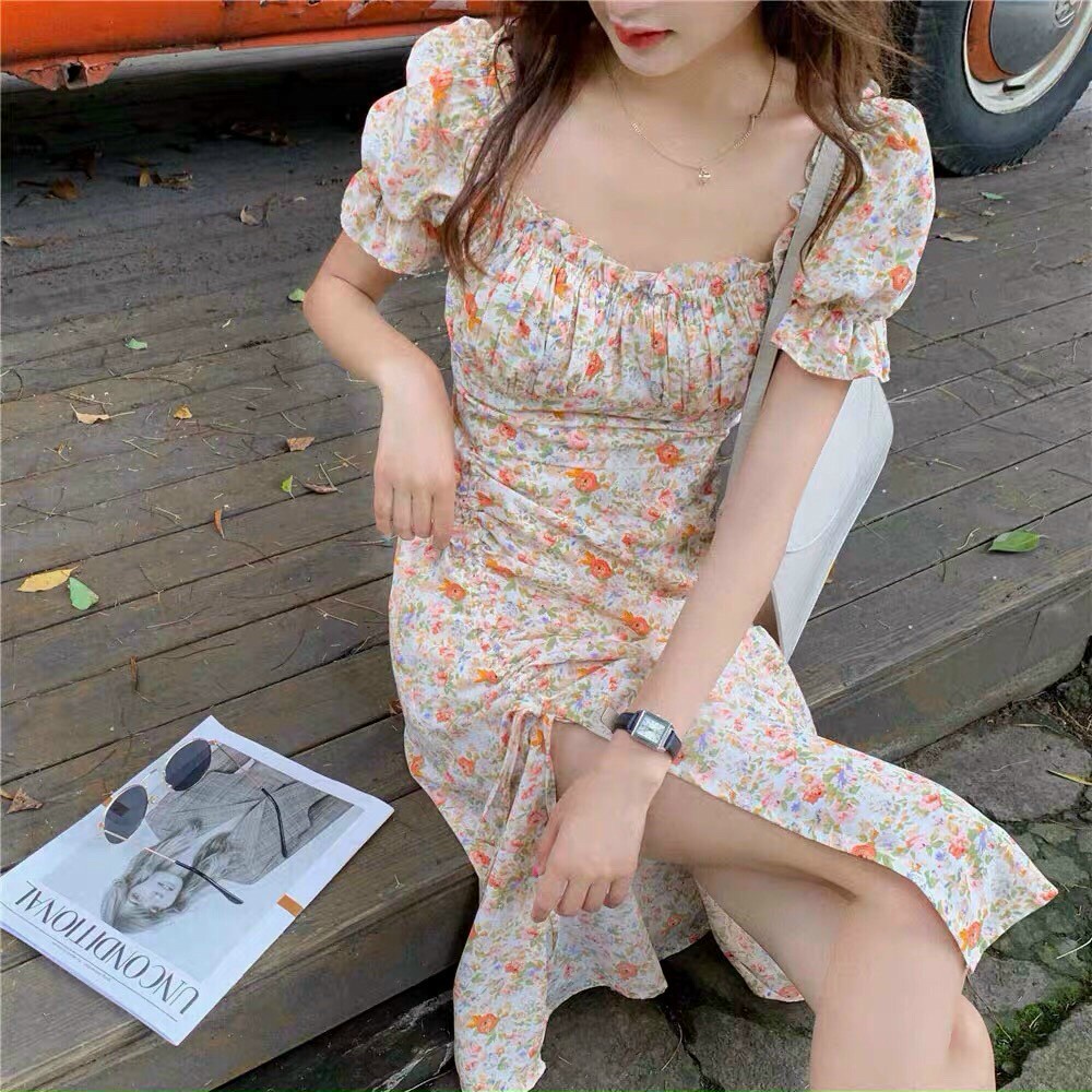 ĐẦM NỮ CỔ VUÔNG TAY BỒNG HỌA TIẾT HỌA NHÍ SIÊU DỄ THƯƠNG, ĐẦM XẺ TÀ HOA NHÍ THANH LỊCH