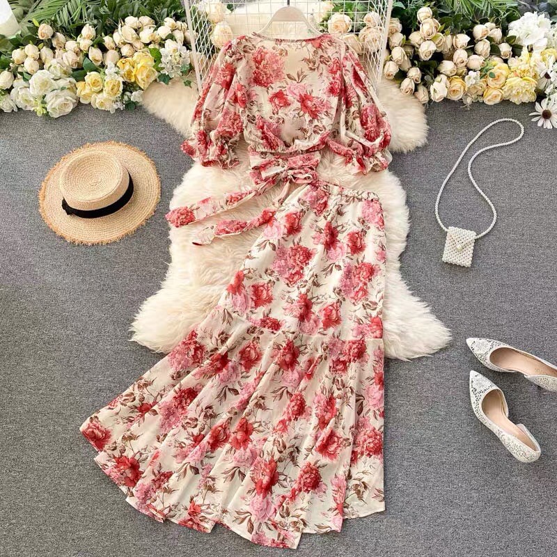 Set áo croptop cổ V thắt nơ eo và chân váy đuôi cá xoè nhíu thân nhún bèo đi biển đi chơi đi dạo