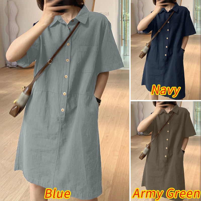 Đầm midi ZANZEA gài nút ngắn tay cổ bẻ thời trang cho nữ