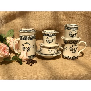 Bộ 3 cốc ☀️ lọc trà- cafe phin- cafe sữa ☀️ sứ vẽ tay  Bát Tràng Hoa văn cá lóc