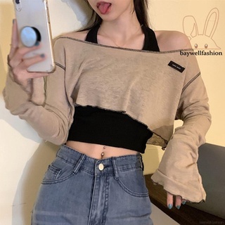 Áo thun croptop dáng rộng tay dài trễ vai thiết kế năng động cho nữ