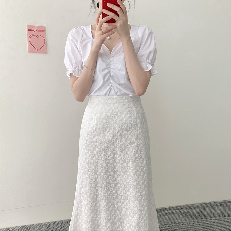 Áo SUXI tay phồng ngắn cổ chữ V xếp ly màu trơn phong cách Hàn Quốc thời trang