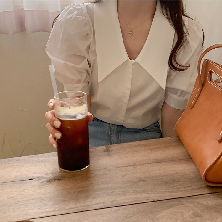 Áo Sơ Mi Tay Ngắn Phồng Cổ Chữ V Dáng Rộng Phong Cách retro Hàn Quốc Thời Trang Mùa Hè 2022 Cho Nữ