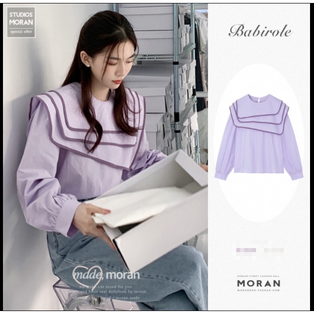 (ORDER) Áo sơ mi nữ dài tay MORAN cổ áo 3 lớp phối viền nổi bật màu tím pastel style Hàn Quốc (Hàng_mới_về)