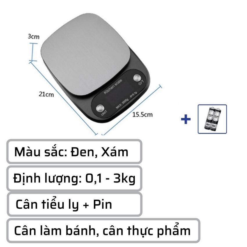 Cân Tiểu Ly Điện Tử Nhà Bếp Kitchen Định Lượng 0,1-5kg Làm Bánh Cân Cao Cấp Tặng Kèm 2 Viên Pin AA