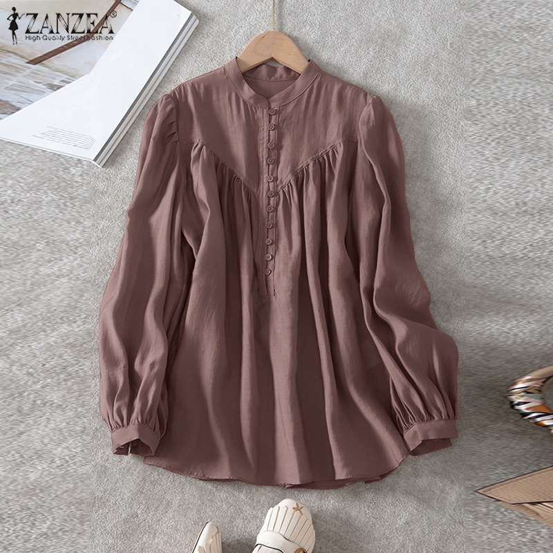Zanzea Áo Kiểu Tay Phồng Cổ Đứng Xếp Ly Cài Nút Phong Cách Cổ Điển Thời Trang